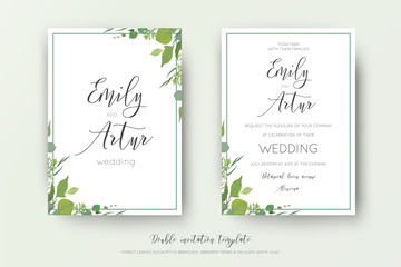 Obraz na płótnie Canvas Wedding floral watercolor style double invite, save the date card design. Forest greenery herbs, leaves, eucalyptus branches, white tiny lilac flowers. Vector, organic, botanical, elegant art template