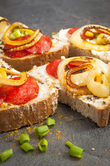 sandwich of spicy salami and cheese on a black wooden table.