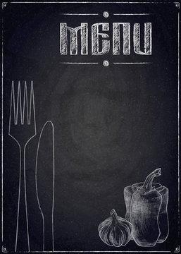 Menu of restaurant with hand drawn vegetables on black chalkboard background
