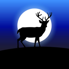 Deer silhouette sitting on a hill, in front of the moon. Blue night sky background