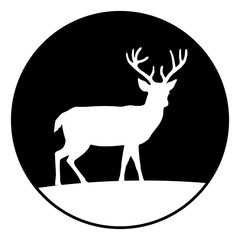 Circular, monochrome deer silhouette on a hill icon. Isolated on white
