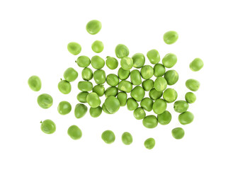 Fresh green peas on a white background, top view