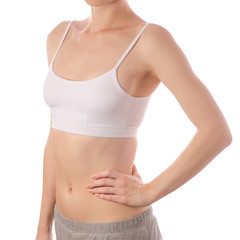 Young beautiful woman in white T-shirt top hand on hip side stomach beauty medicine