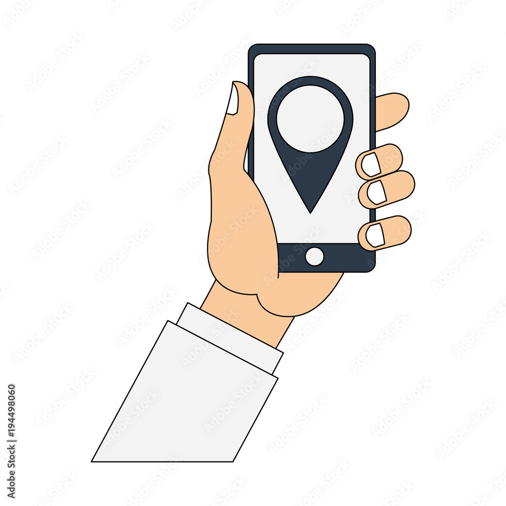 Poster hands using smartphone to find location vector illustration graphic design
