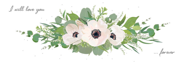 Floral bouquet design element with elegant pink white anemone flowers, white lilac buds, forest greenery, herbs, leaves, eucalyptus branches. Vector botanical, card. All elements editable and isolated