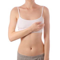 Fototapeta na wymiar Young beautiful woman in white t-shirt top bra female breast disease mammal beauty healthy