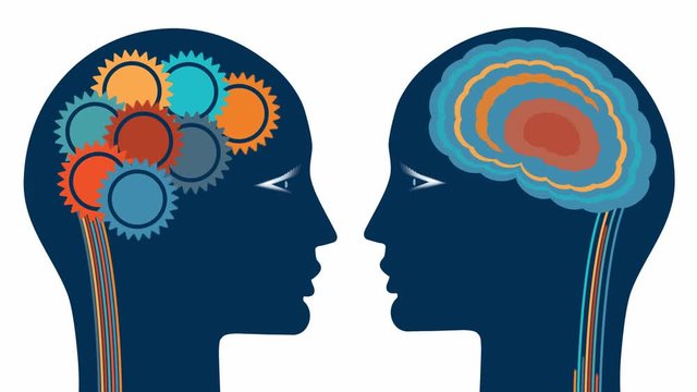 Gear wheels and a brain, rational and creative thinking heads of two people