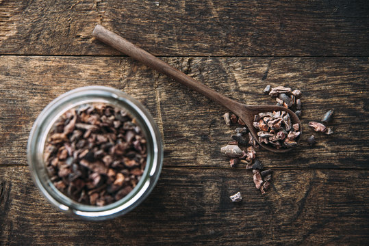 Food: Raw cacao nibs, raw, dried cacao beans