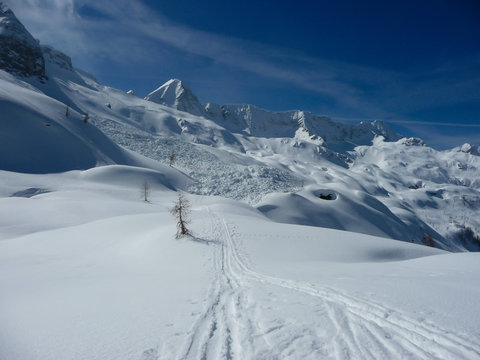 View of ski trails leading to an avalance in Sella Nevea, Italy