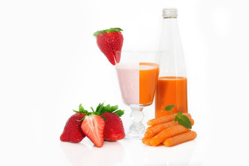 carrot juice and strawberry cocktail on white background