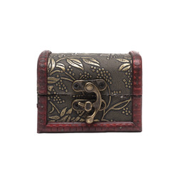 Closed treasure chest isolated on white background. The crate. Gift box. Front view.