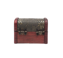 Closed Treasure chest isolated on white background. The crate. Gift box. Back view.