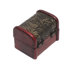 Closed Treasure chest isolated on white background. The crate. Gift box. Back view.