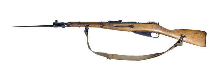 vintage military rifle with bayonet in its open position, isolated