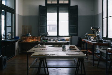 Interior of the main room of an artisan atelier of glasses.