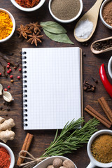 Open recipe book with fresh herbs and spices