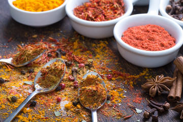 Colorful spices in spoons