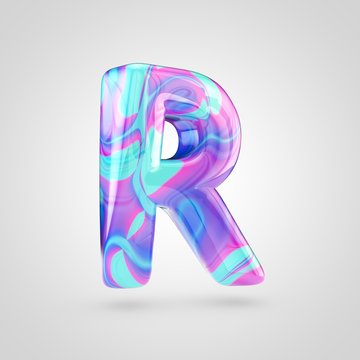 Glossy holographic letter R uppercase isolated on white background