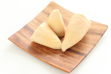 Boiled Bamboo shoot on wooden plate for spring food ingredient
