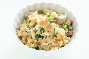 Chinese food, chicken and spring onion fried rice