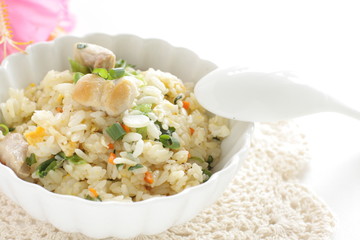 Chinese food, chicken and spring onion fried rice