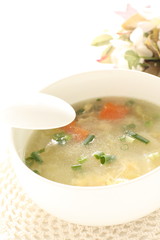 Korean food, spring onion and rice soup