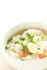 Korean food, spring onion and rice soup