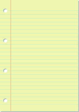 Blank Yellow Notebook Paper Sheet Background With Blue Lines, Margin And Holes.