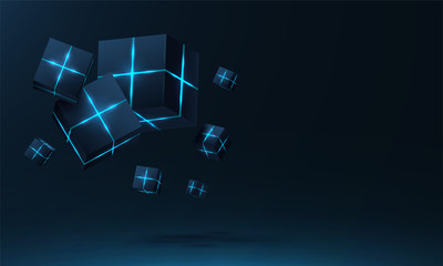 Vector realistic 3d cubes with neon parts compose on dark space background