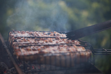 Making barbeque on grill. Weekend cookout. Cooking outside, picnic. Seasonal