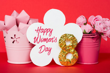 figure 8 a bouquet of flowers in a bucket. Happy Women's Day greeting card 