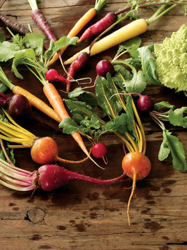 Organic Root Vegetables on Wood Table