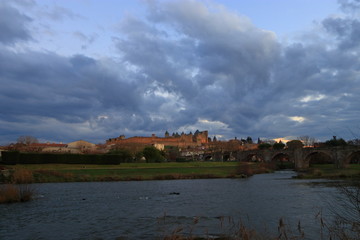 french castle of Carcassonne in Aude, Occitanie in south of France.