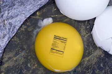 Chicken egg yolk  close up with nutrition label