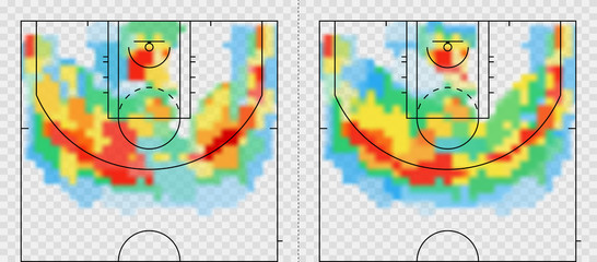 Naklejka premium Basketball court with heat map. Tactical and strategy basketball background. Sport background. Map of location players during the game.