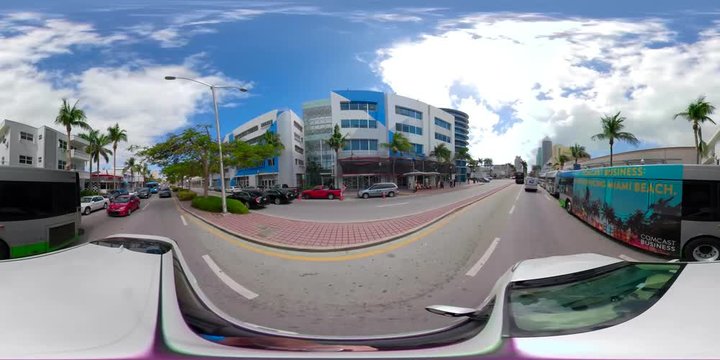 360 vr motion footage driving Miami Beach Washington Avenue turn on 5th Street