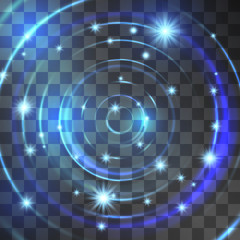 Vector abstract neon light effect blue circles background. Glowing decorative swirl effect, luminous rings on black. Illustration of illumination painting. Meditative pulsing, twinkling ring shapes.