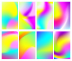 Fluid iridescent multicolored backgrounds. Vector illustration of fluids. Background set with holographic neon effect. Phone screen saver set.