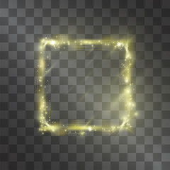 Light effect of square golden frame with glowing facets of shining stardust sparkles Brilliant glass stylized illumination. Glistening energy crystal. Luxury theme design element. Hazy glowing decor. © Manon Labe