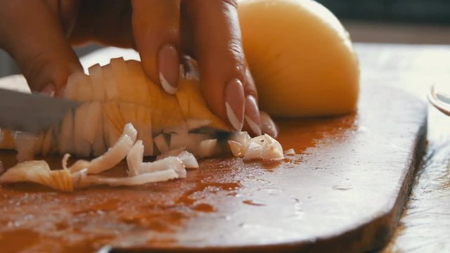 Woman slices a onion on kitchen board close view
