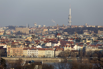 Sunny freezy winter Prague City with its Cathedrals, historical Buildings and Towers, Czech Republic