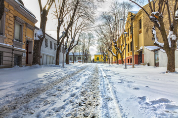 The old street in Belgrade Kosancicev venac is covered with snow. HDR images