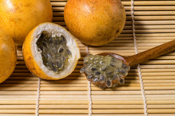 Yellow passion fruit or passiflora flavicarpa
