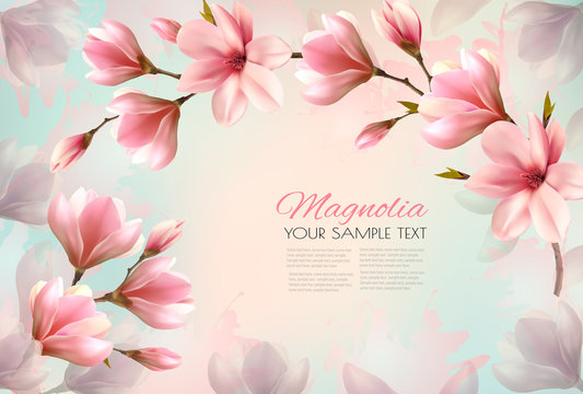 Abstract spring background with beautiful magnolia branches. Vector.