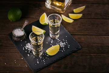 Tequila shot with lime and sea salt