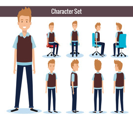 businessmen posing on office chair and stand vector illustration design