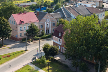 Fototapeta na wymiar Aerial view of the historical center of Pravdinsk (german name of town is Friedland), Kaliningrad Oblast, Russia. The city was founded in 1312 by the Teutonic Knights and located near Kaliningrad.