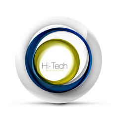 Digital techno sphere web banner, button or icon with text. Glossy swirl color abstract circle design, hi-tech futuristic symbol with color rings and grey metallic element