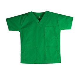 Green scrubs uniform isolated on white background with copy space. Green shirt and for...