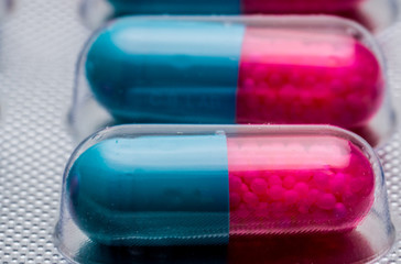 Macro shot detail of blue, pink capsule with granule in side pills. Pills in blister pack. Pharmaceutical dosage form and packaging. Itraconazole 100 mg : Anti-fungal medicine.